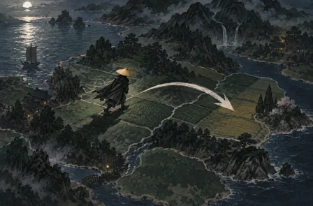 The dark stone thief standing on a painted map, with a red arrow showing where it moves next