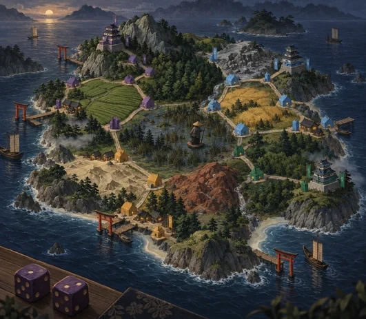 A painted island of woodland, farmland and a walled town below snowy peaks, with a sailing ship off the coast