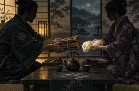 Two hands making a trade: a sheaf of rice for two logs of timber